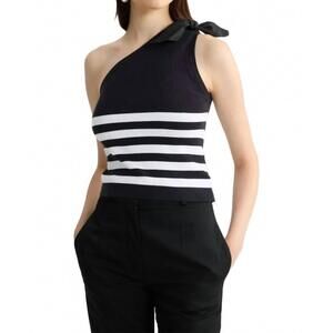NEW PATOU striped one shoulder tie top in navy/white